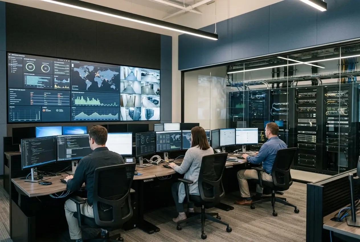 Conceptual illustration of operators monitoring digital systems beside visible server and network racks.