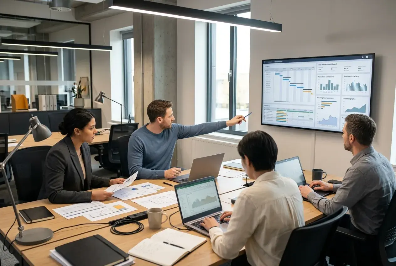 Conceptual illustration of a team reviewing a task-allocation dashboard showing schedules, attendance and progress.